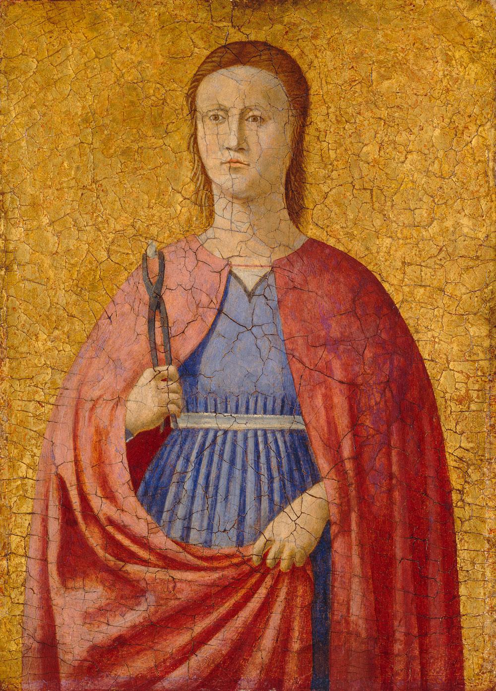 oil and tempera painting of woman in red and blue holding pair of tongs, against gold background