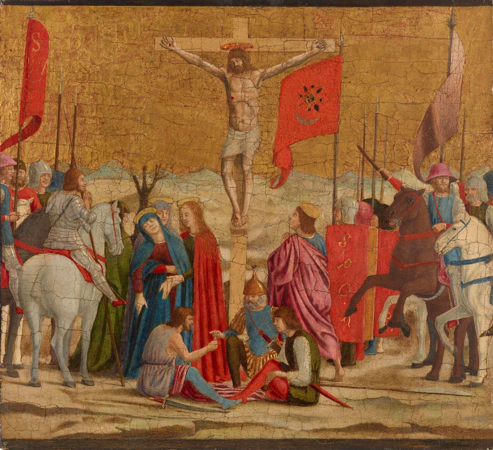 oil and tempera painting of Christ on cross surrounded by figures, gold backgrounded