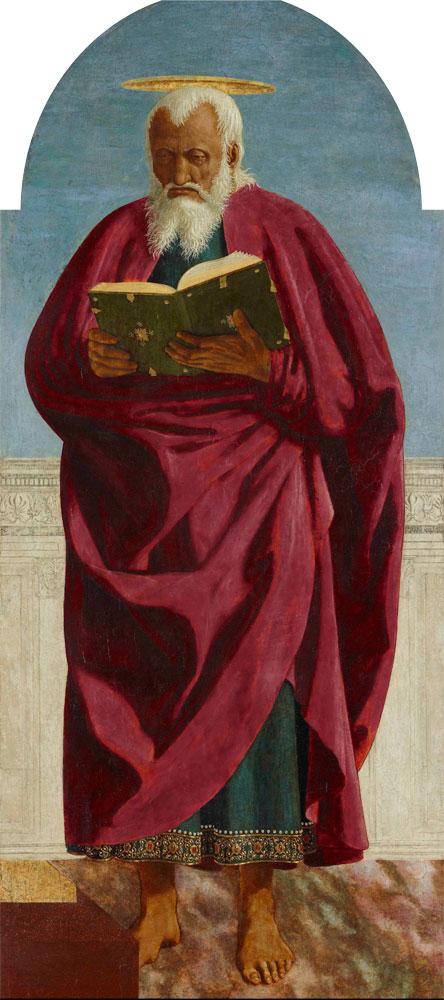 oil and tempera painting of standing man with halo in red robe, holding large green book, against blue background