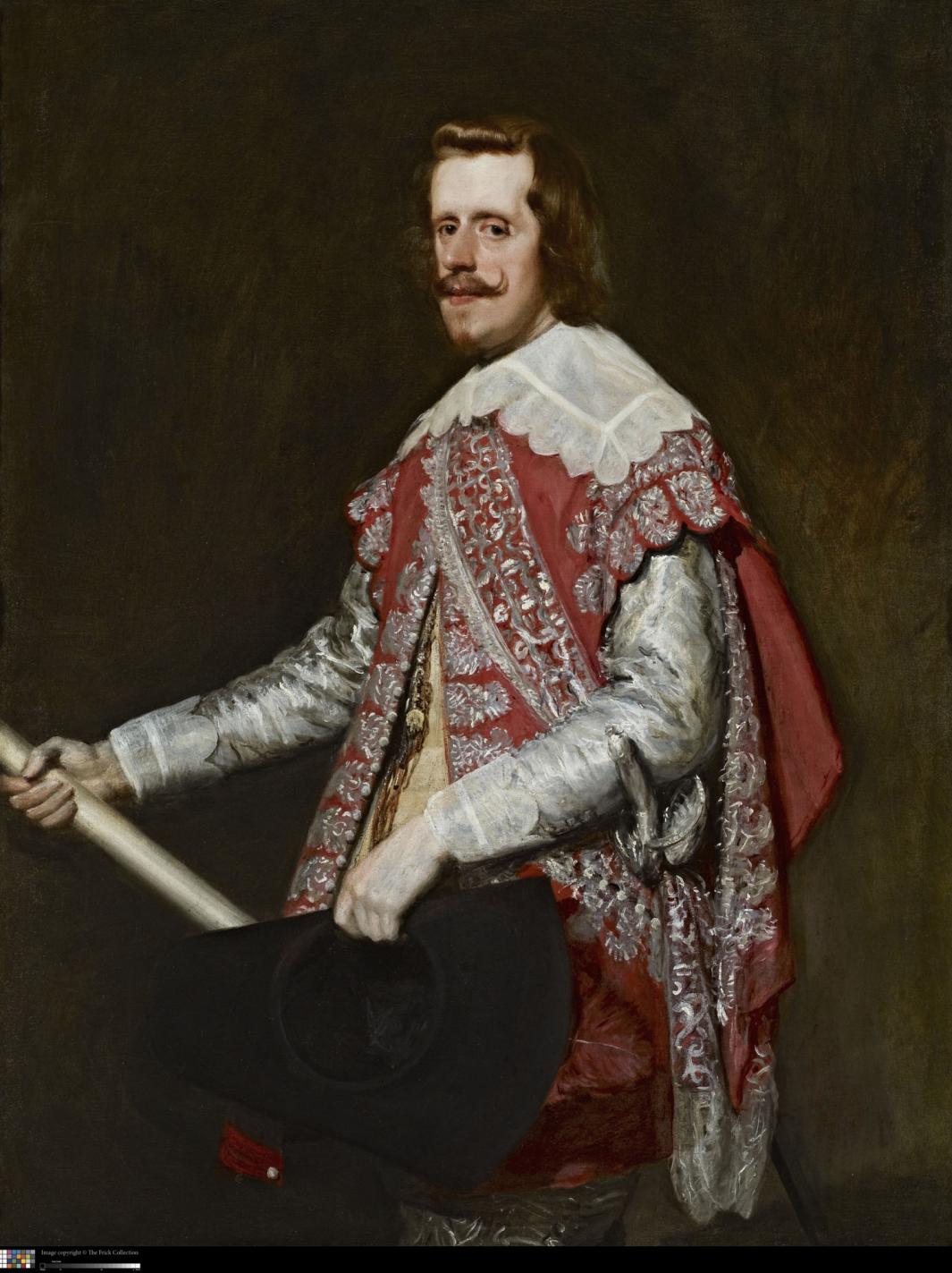 Painting of portrait of king philip IV of Spain dressed in the silver-and-rose costume holding staff and broad-brimmed black hat