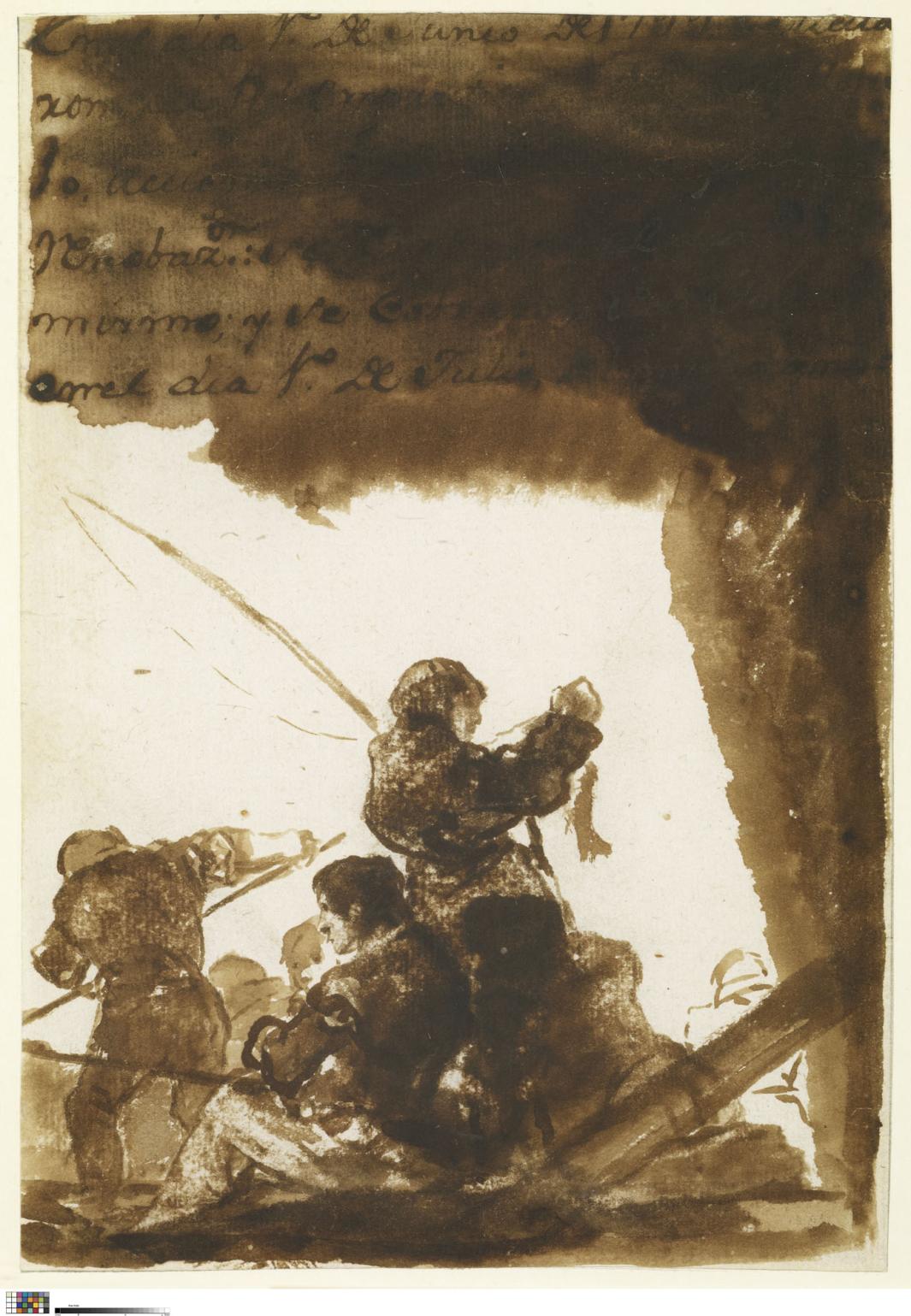 ink sketch of fishermen on a boat holding poles and caught fish