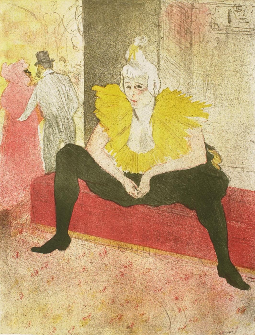 Color print of female clown seated on red bench with legs apart