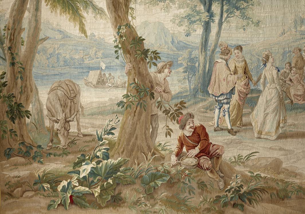 detail of tapestry depicting guests at an outdoor wedding including seated man eating and a donkey grazing.