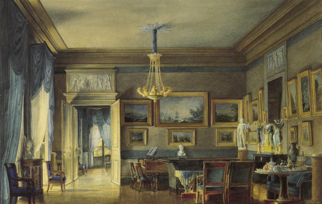 painting of interior with piano and breakfast table, and paintings hing on the walls salon-style.