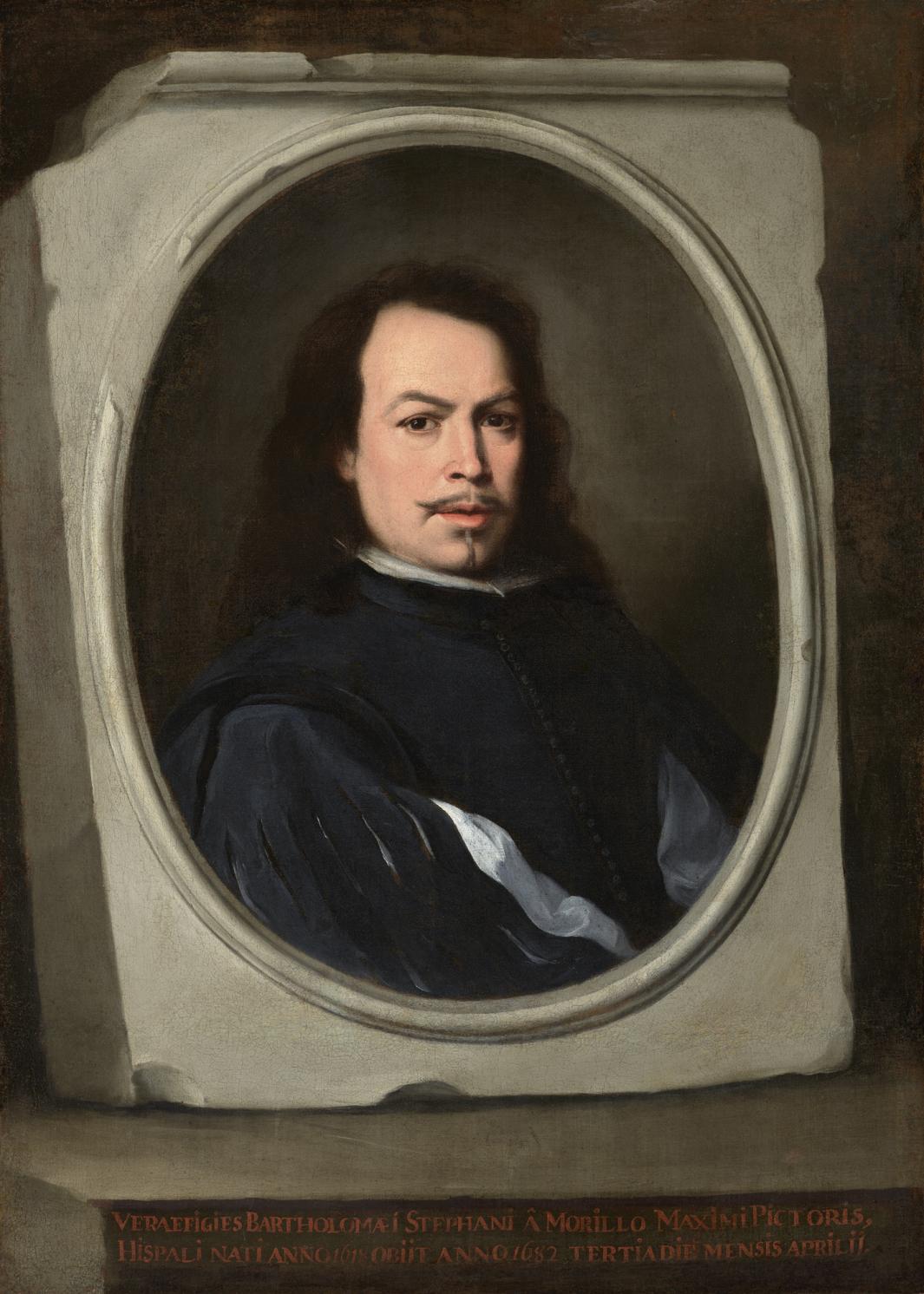 Painted bust portrait by Murillo showing a man wearing black in a trompe l'oeil oval frame