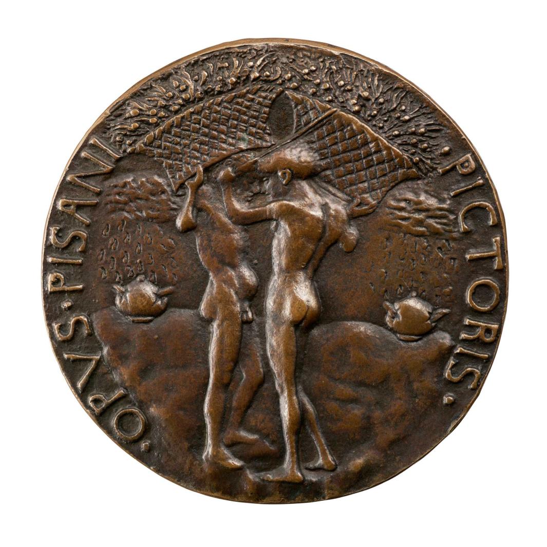 Round medal by Pisanello showing two men holding baskets