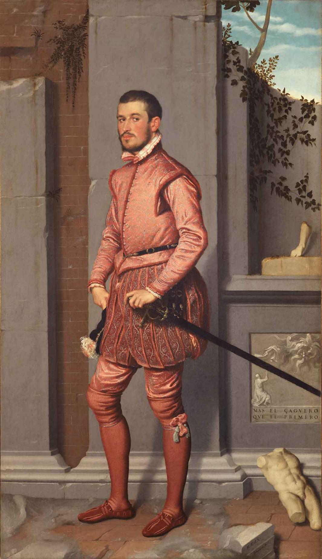 standing man dressed in pink formal wear, with sword at his side