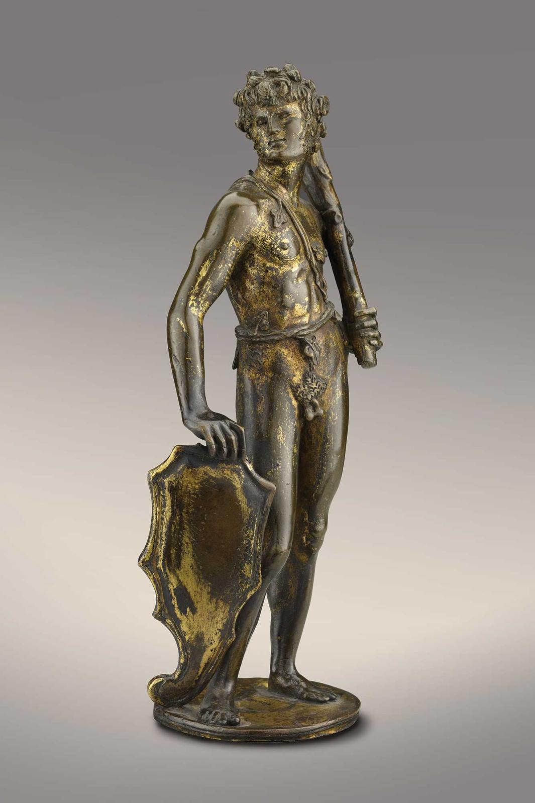 bronze statue of young man bearing shield and club
