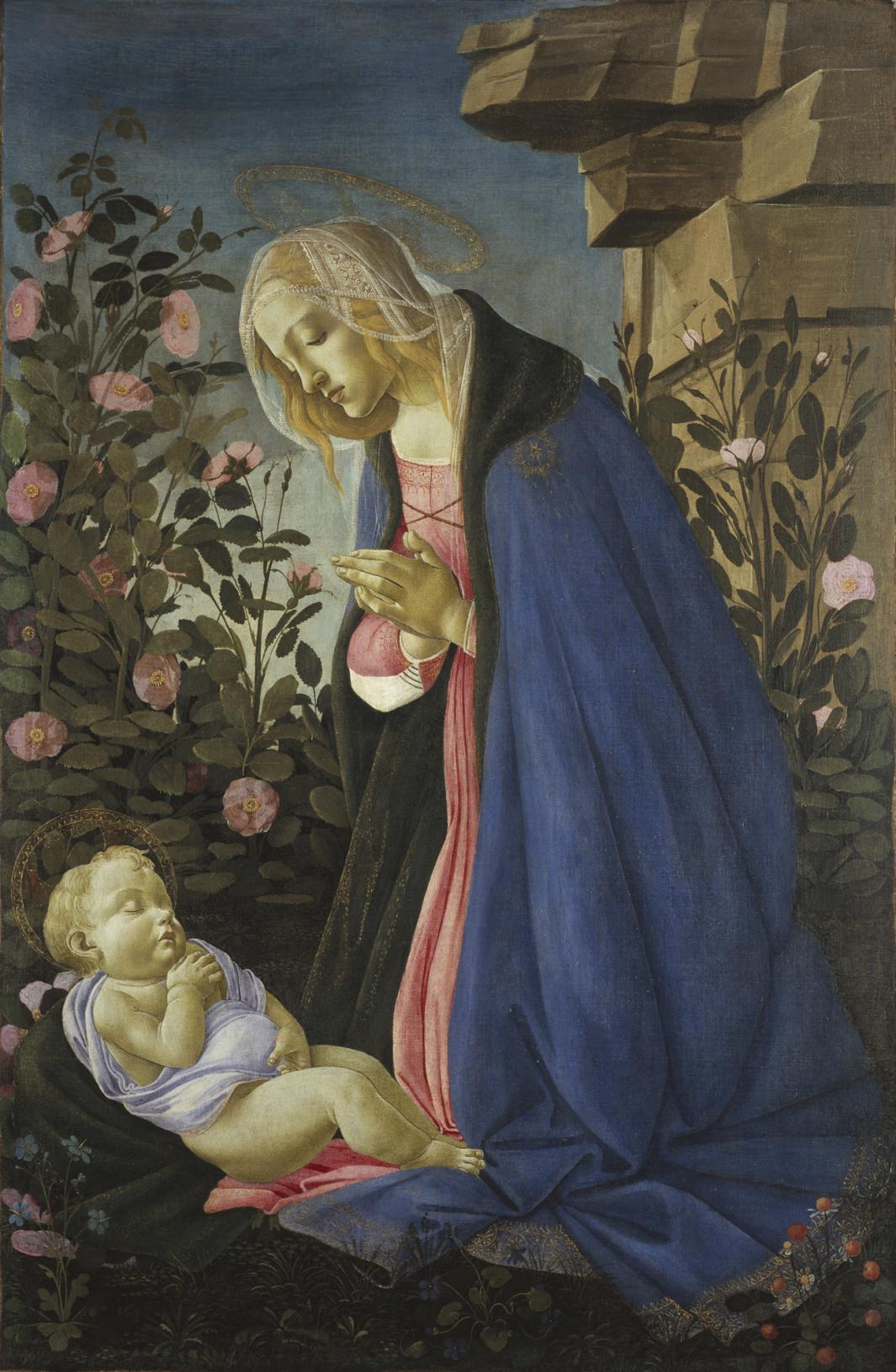 Oil painting of virgin and child in garden