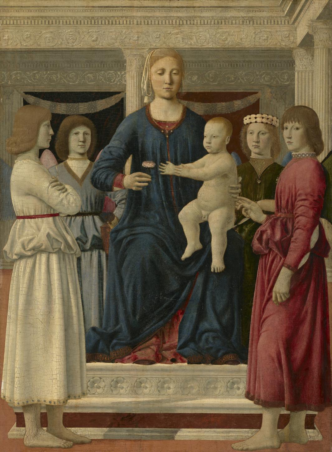 painting of virgin (in blue) and child seated, surrounded by four standing figures