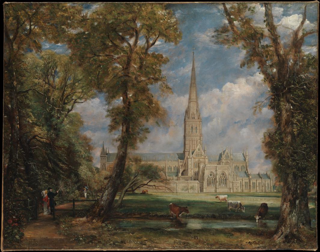 painting of Salisbury Cathedral with trees, cows, and figures in the foreground