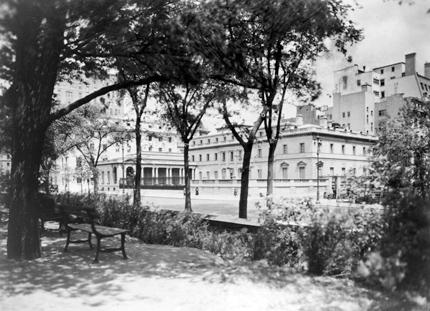 Black and white photograph of The Frick Collection as seen from Central Park.