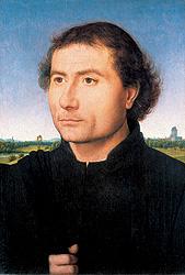 Painting of head and shoulders of brown haired man in three quarter view, landscape in background