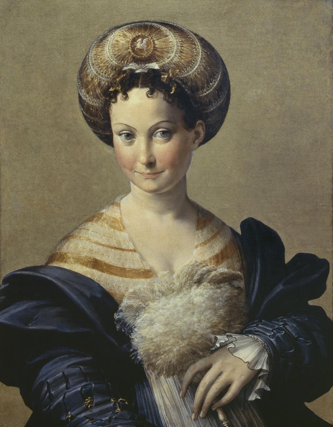 Painting of a half-length woman wearing a round headdress, big blue sleeves, and holding a white fan