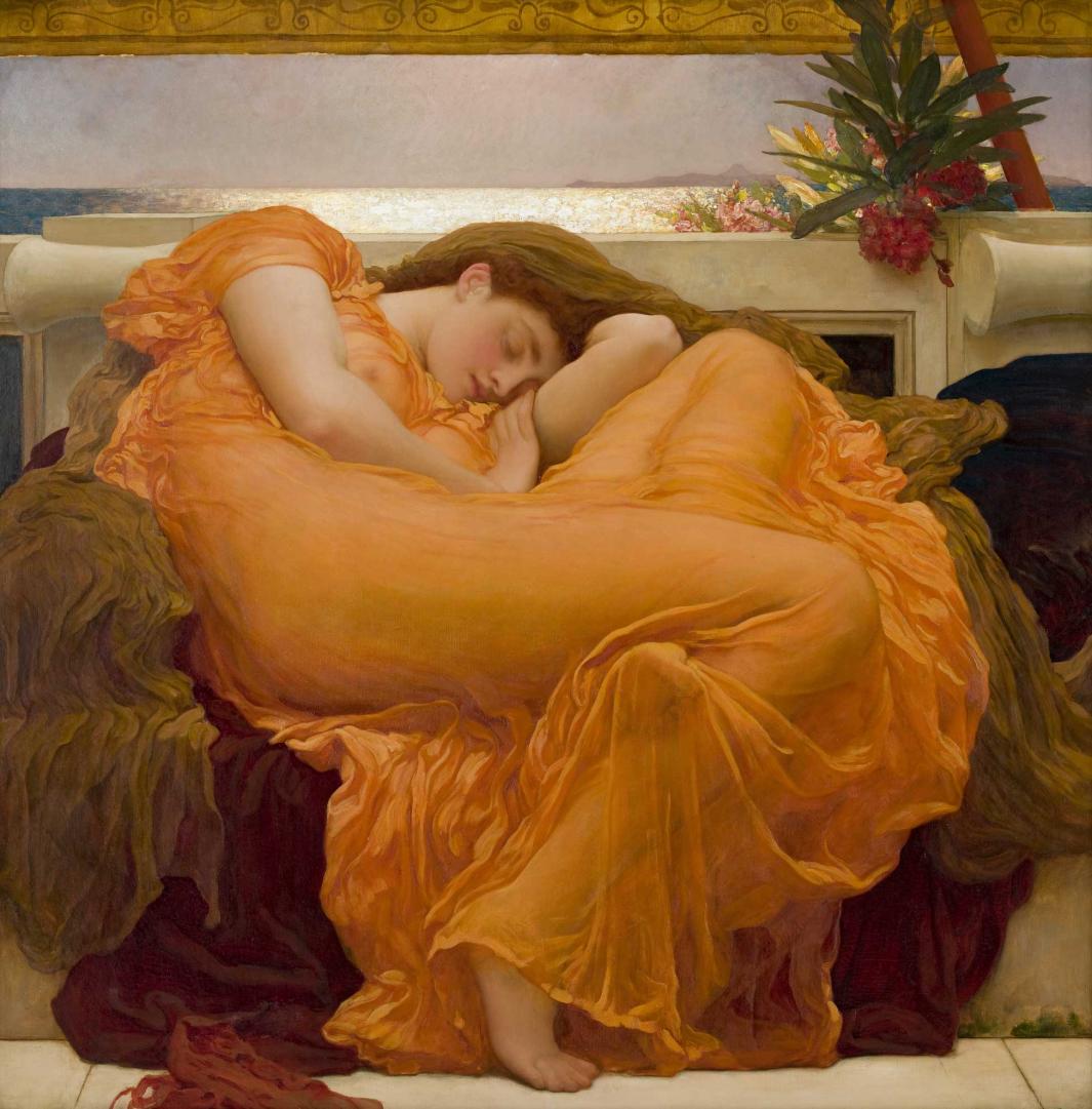 Oil painting of sleeping woman in orange dress curled up on bench