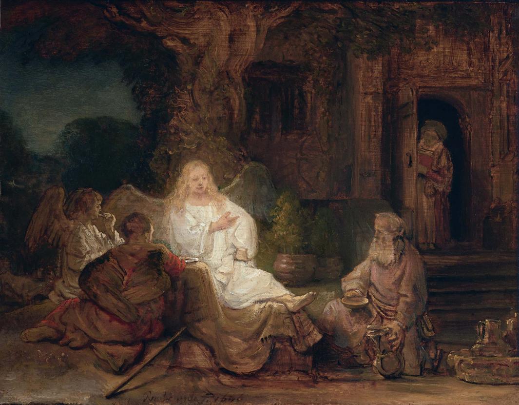 oil painting of group, including men and angels, seated on earthen floor 