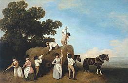 painting of workers on the field stacking hay with two horses in the background