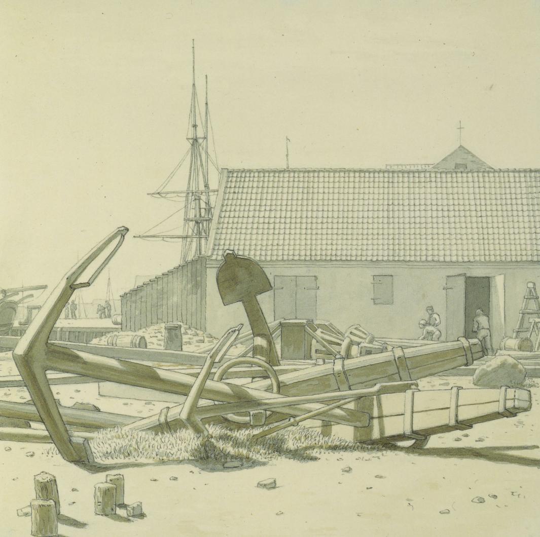 Drawing of shipyard with large anchors laying on their sides in the foreground.