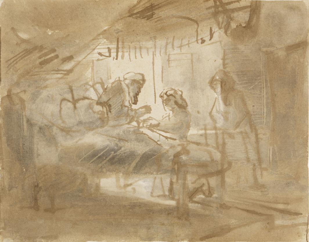 Sketch of Issac blessing Jacob in brown and grey tones.