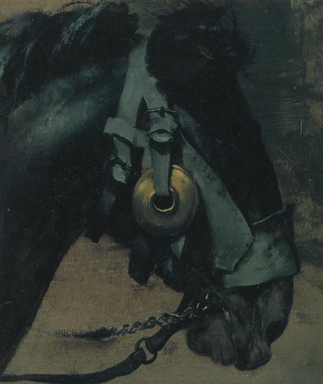 Painting of black horse head with black leather and brass bridle