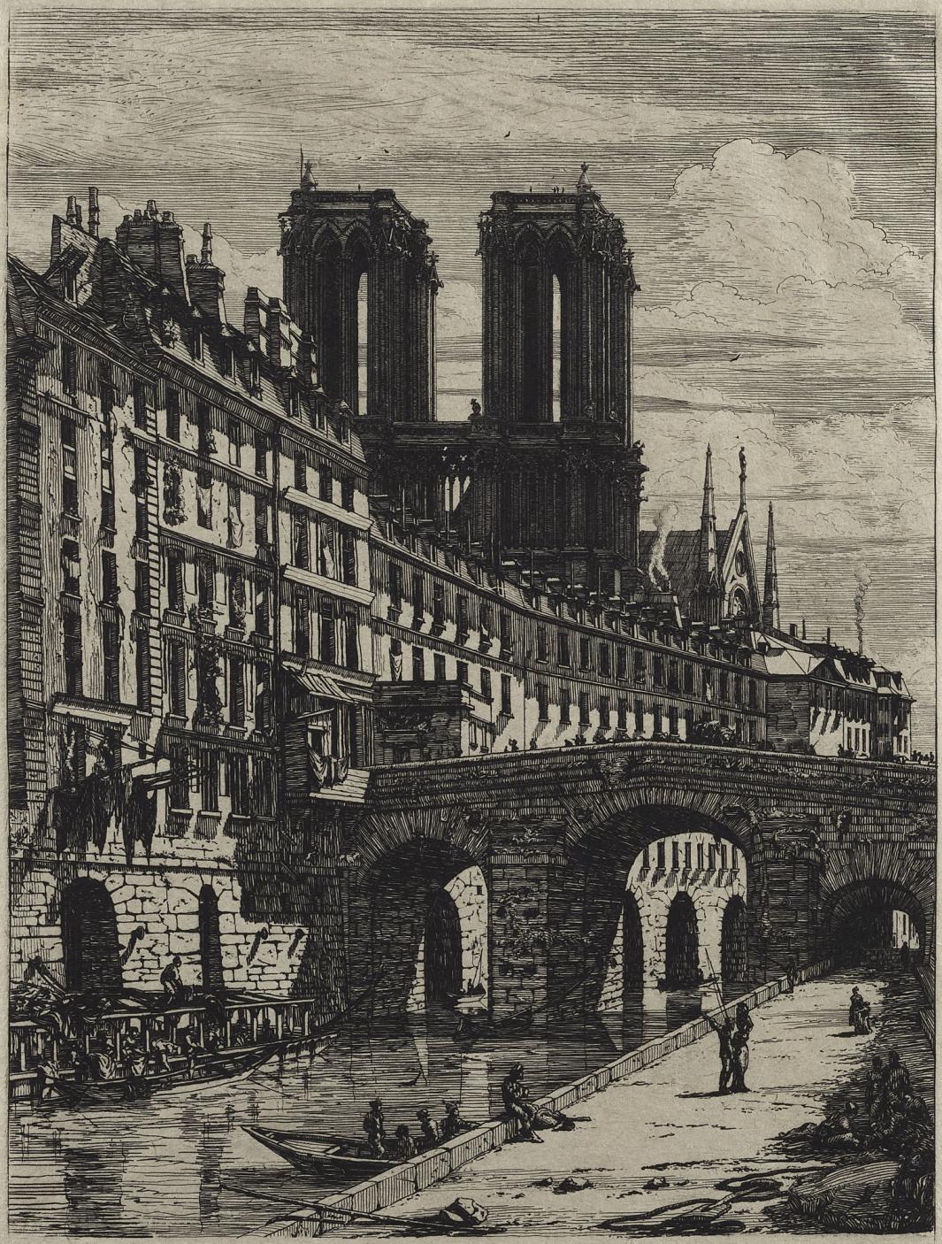 etching of a small bridge crossing the river Seine in Paris.