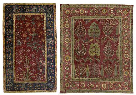 Two red carpets with gold floral patterns