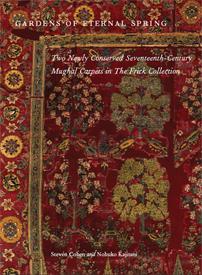 cover of catalogue Gardens of Eternal Spring, depicting closeup of 17th century Mughal carpet