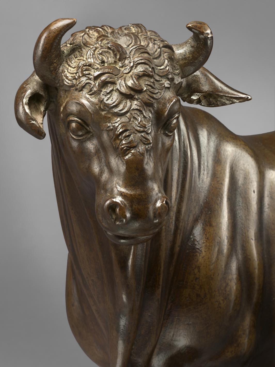Bronze sculpture of a bull, close up of head.