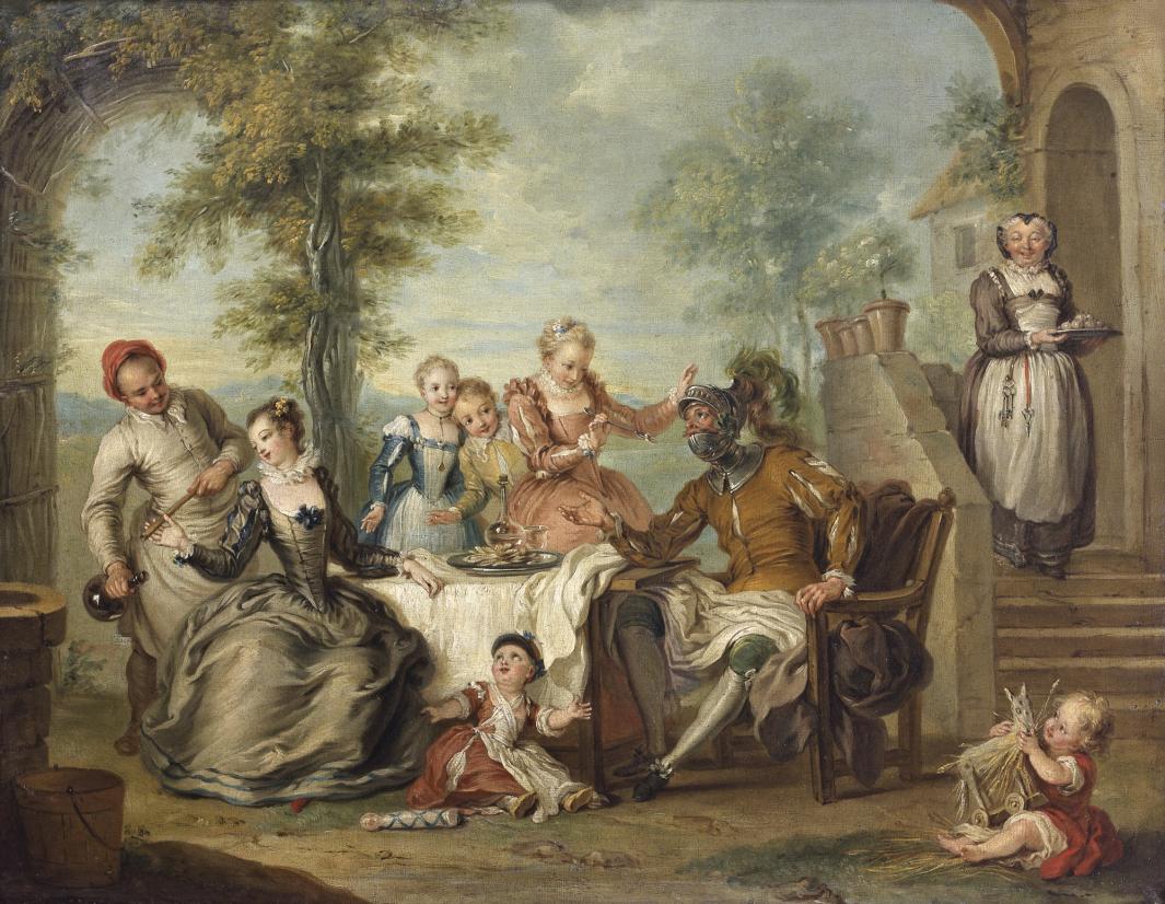 Painting of Don Quixote at an outdoor table with girls from the Inn 