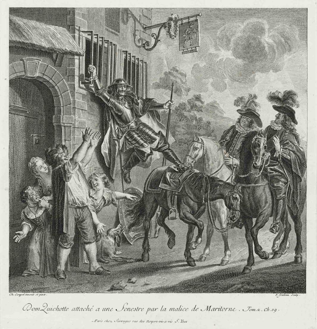 Engraving of Don Quixote hanging from window bars in front of men on horses and Maritornes