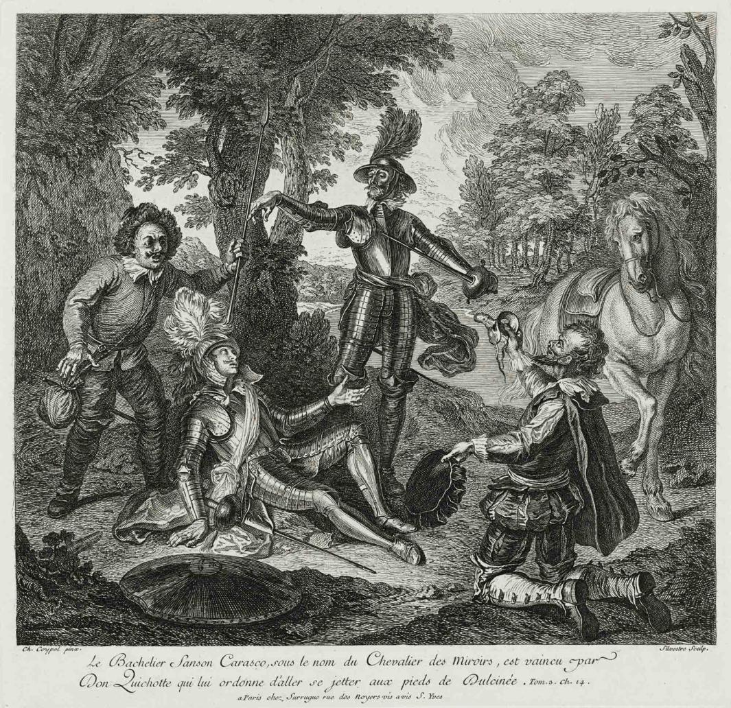 Engraving of Don Quixote defeating the Bachelor Sansón Carrasco 