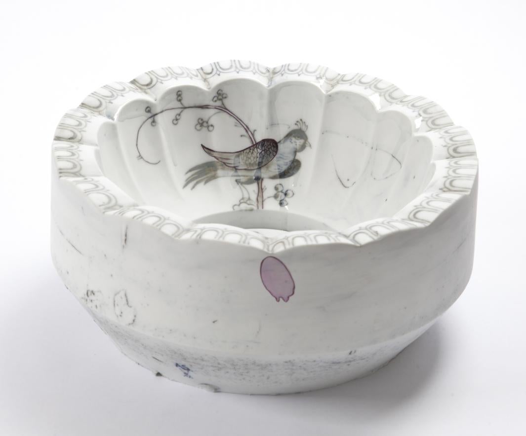 white scallop bowl with blue birddrawn inside