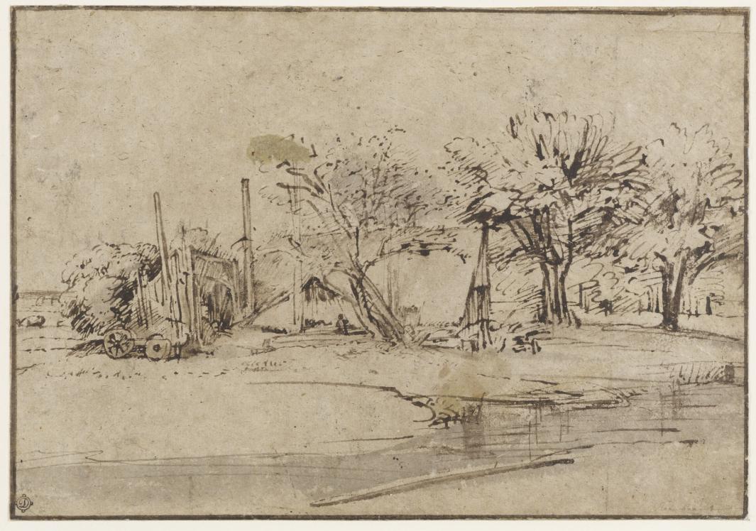 Brown ink drawing of cottage and trees by a stream