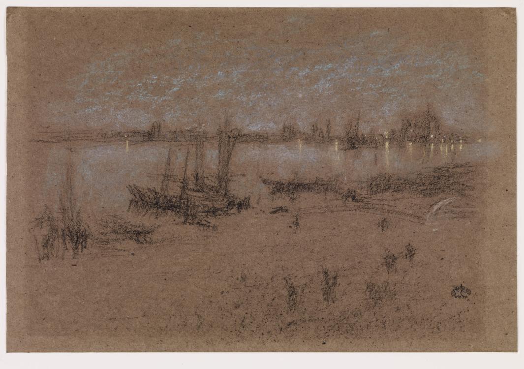 Pastel drawing of boats floating at evening with Venice in the distance