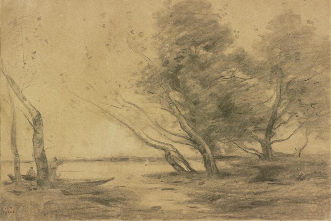 Charcoal drawing with figures in boat and trees