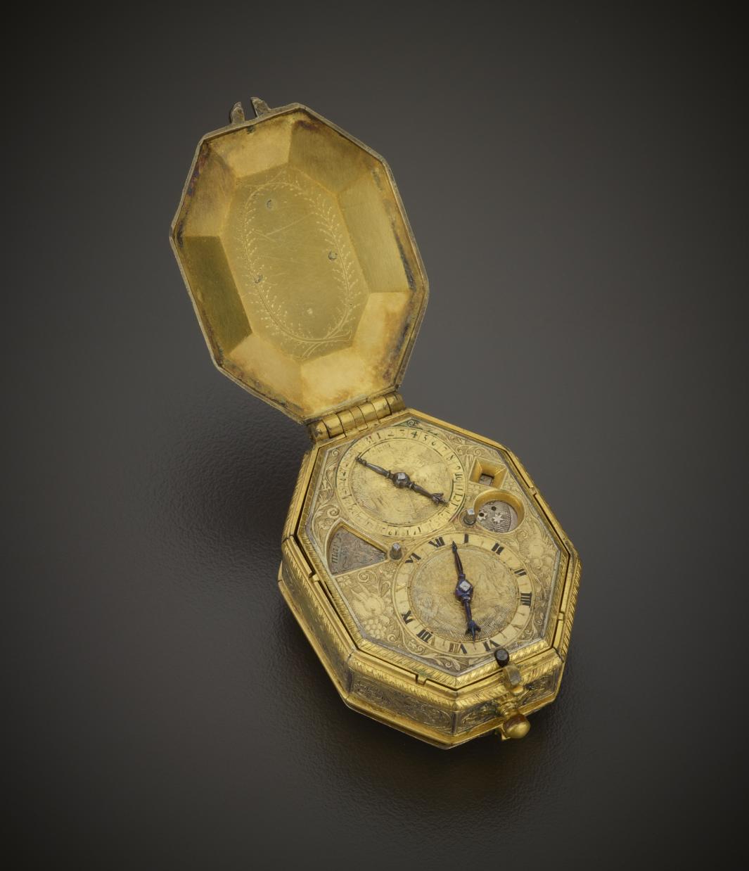 detailed silver gilt calendrical and astronomical pendant watch, circa 1625