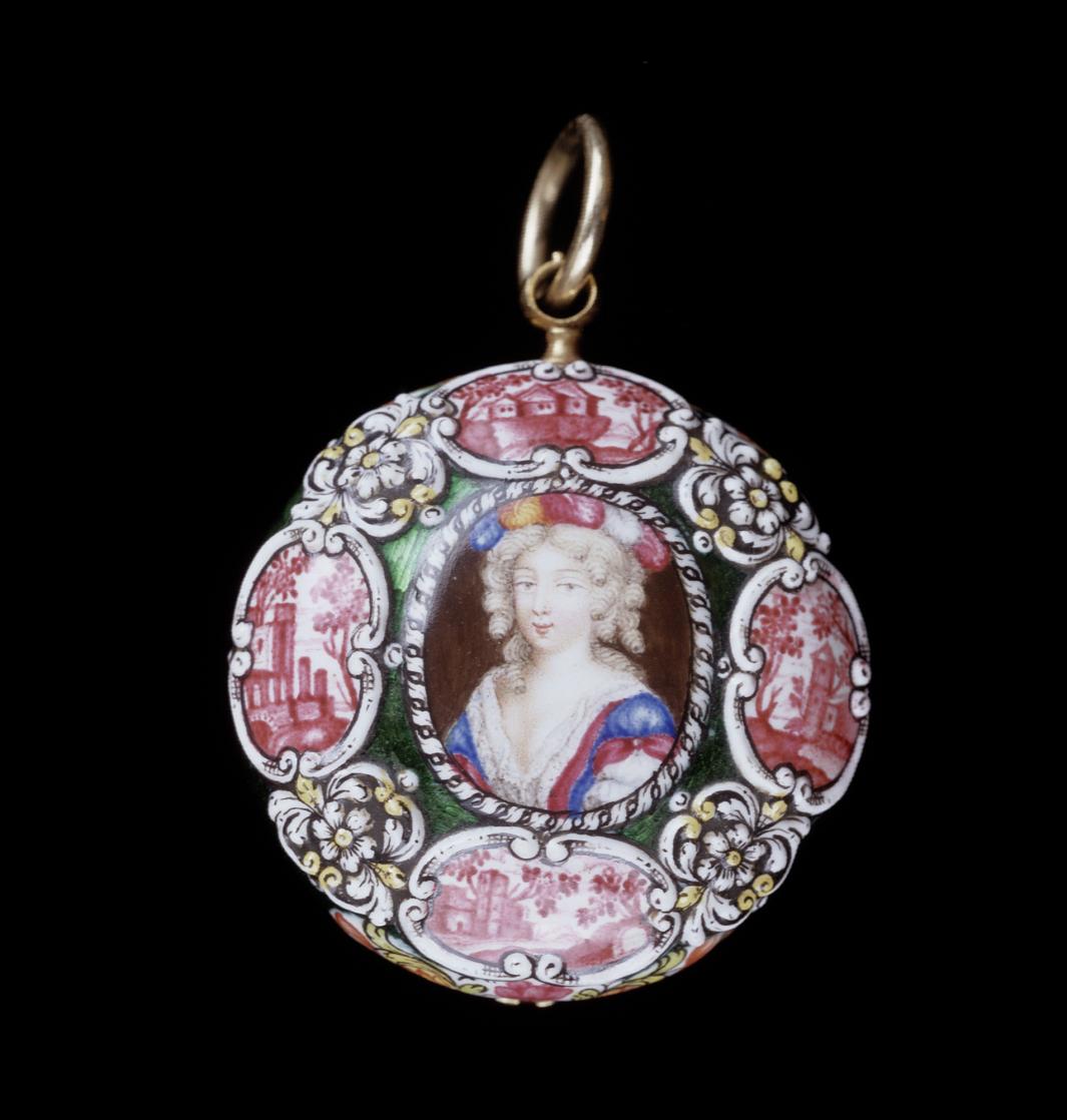 gold and enamel pendant watch depicting woman's portrait surrounded by town scenes and flowers 