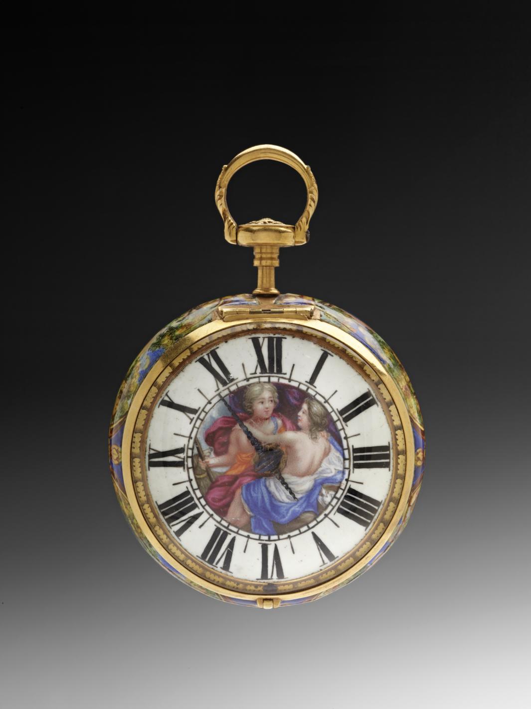 gold and enamel pendant watch with white face and depiction of man and woman in each other's arms at center