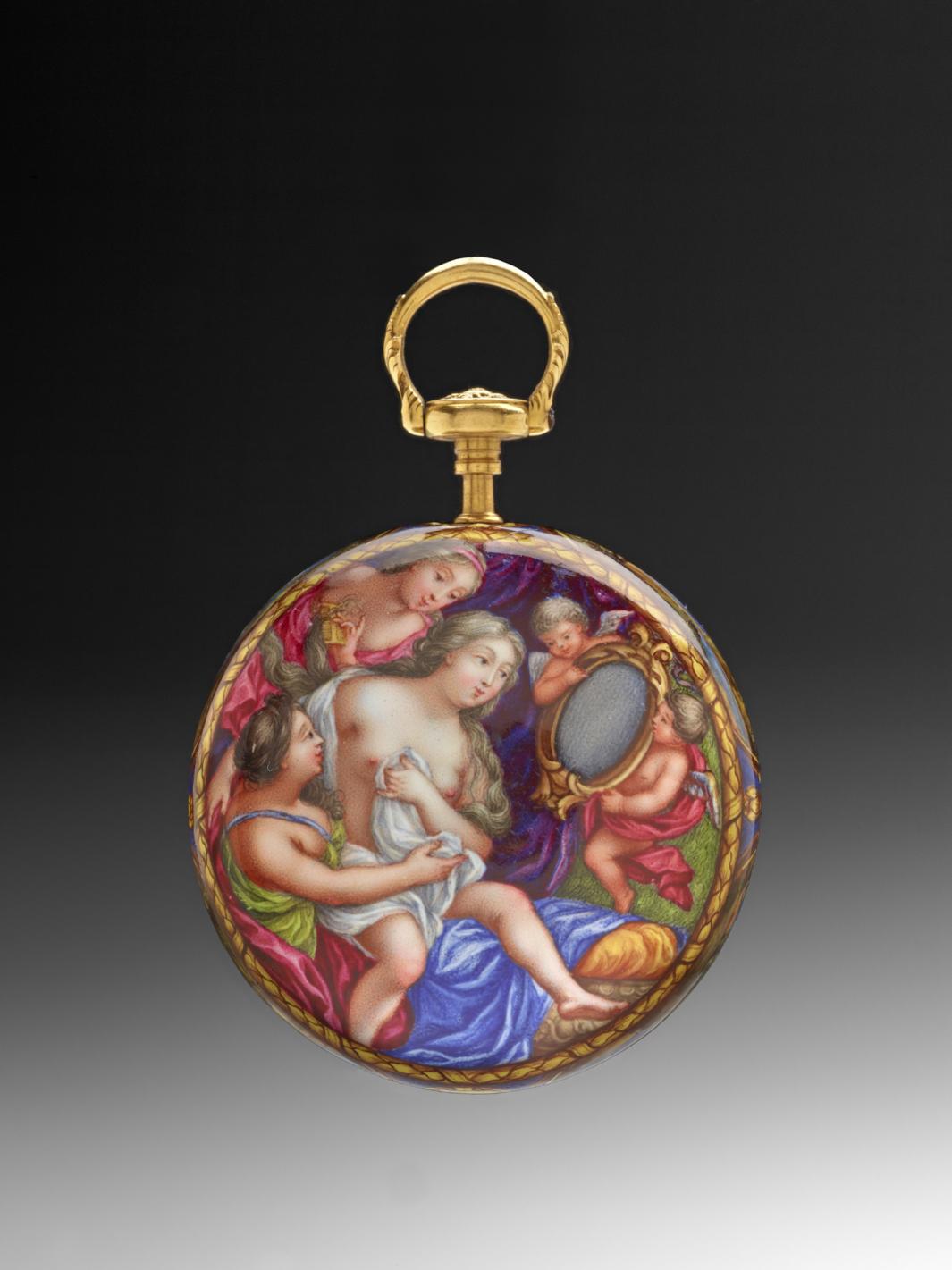 back of gold and enamel watch depicting "The Toilet of Venus", a half nude woman gazing in mirror with others helping