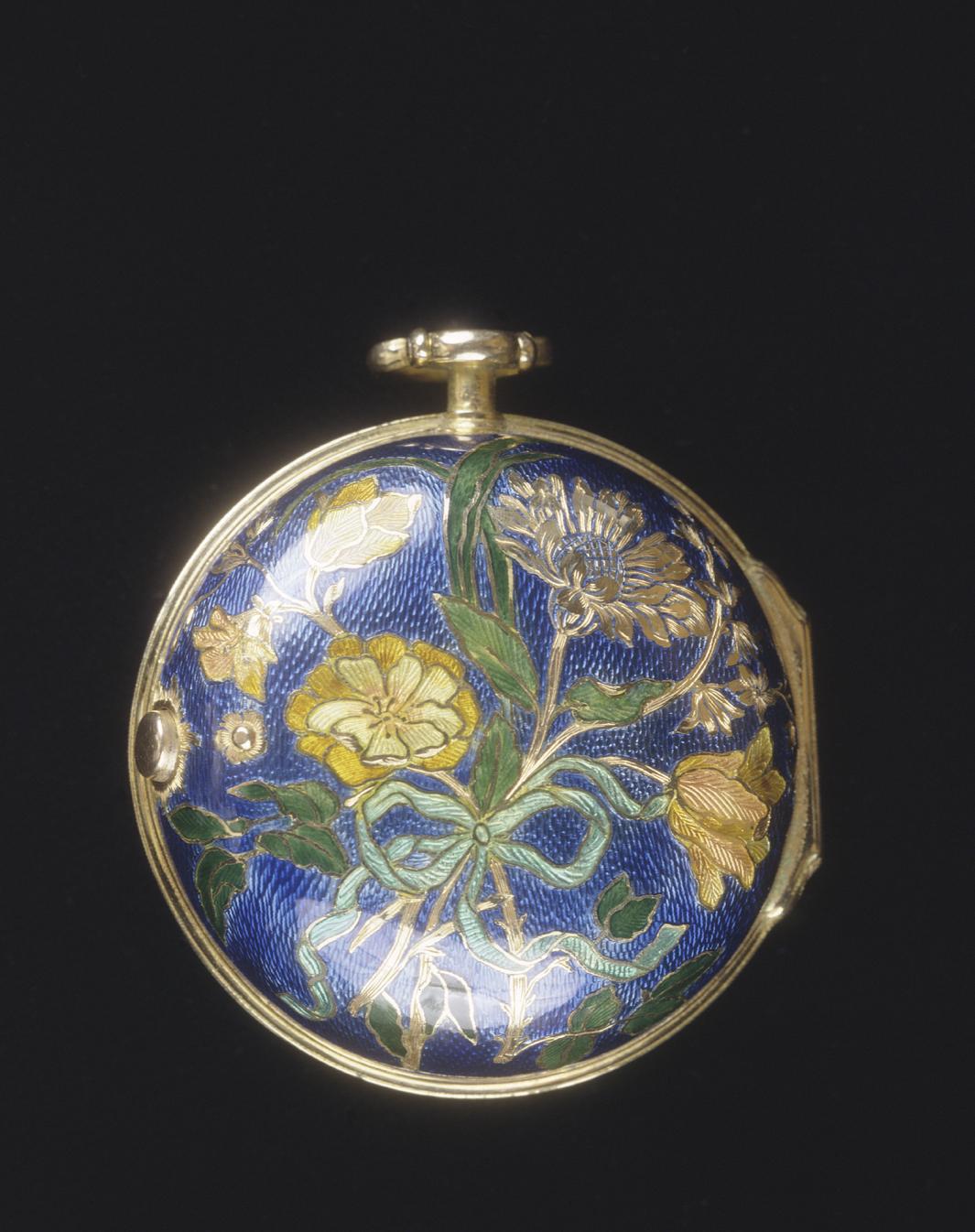 back of gold and blue, yellow and greenenamel pocket watch with flowers