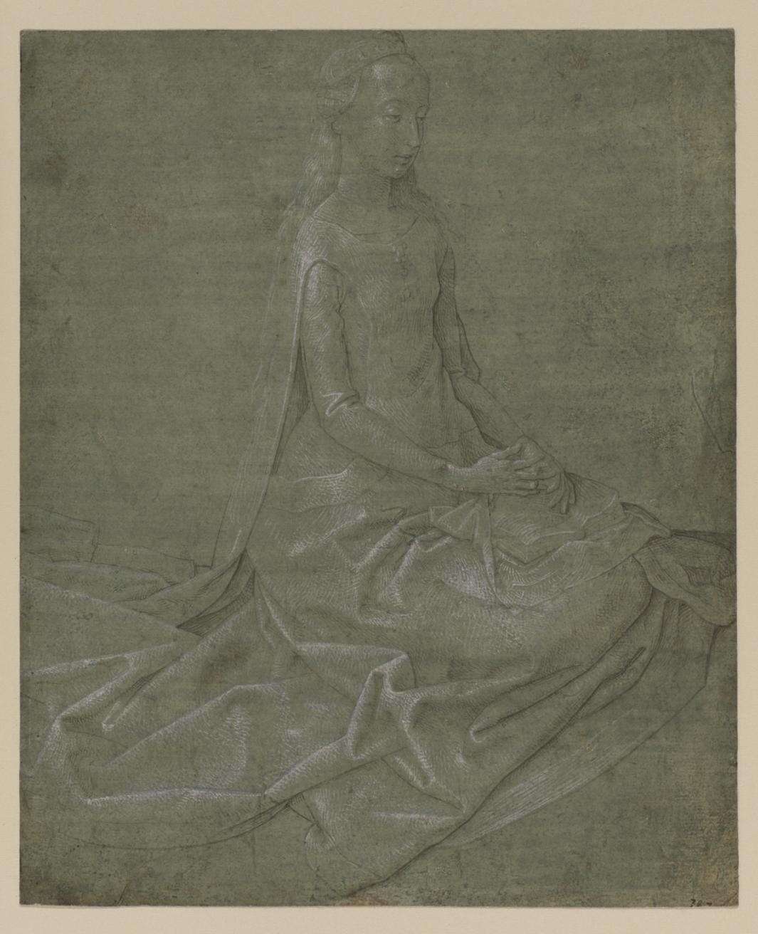 pen, ink, and chalk drawing of seated female religious figure, on green paper