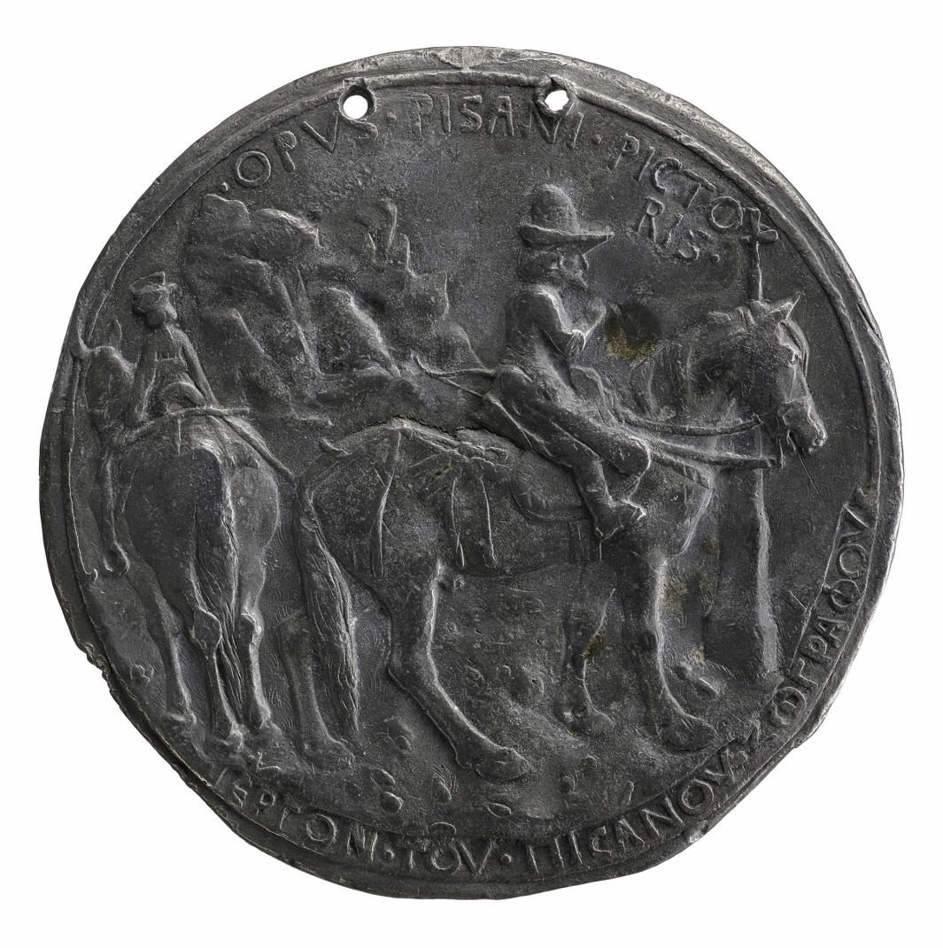Lead portrait medal of John VIII Palaeologus on horseback, wearing a large hat, in profile to the right, praying before a roadside cross. To the left, another figure on horseback faces away from the viewer