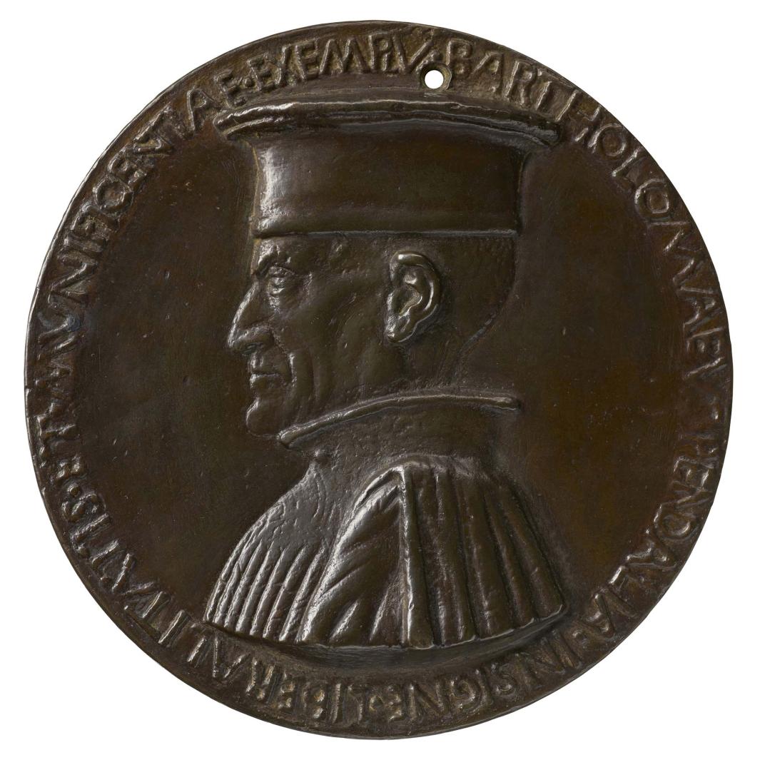 Bronze portrait medal of Bartolomeo Pendaglia wearing a high-collared robe and a flat cap, in profile to the left