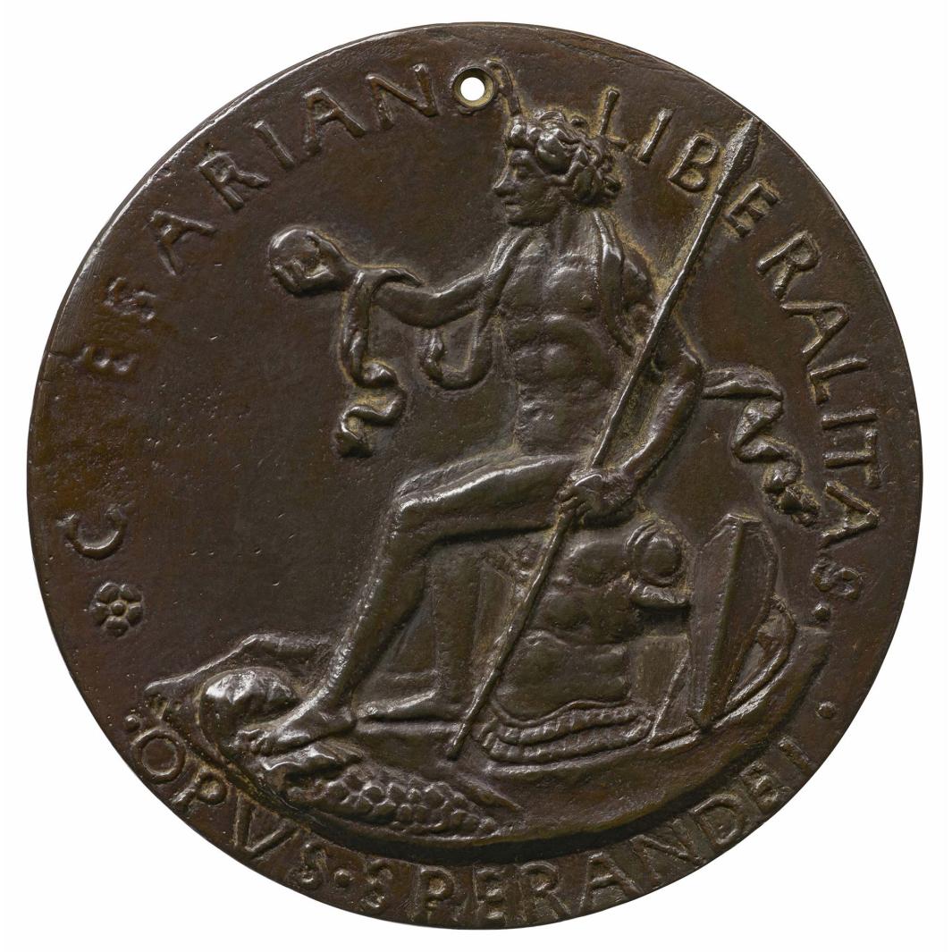 Bronze medal of a nude man, seated on armor, in profile to the left, holding a spear in his left hand and an orb in his right hand