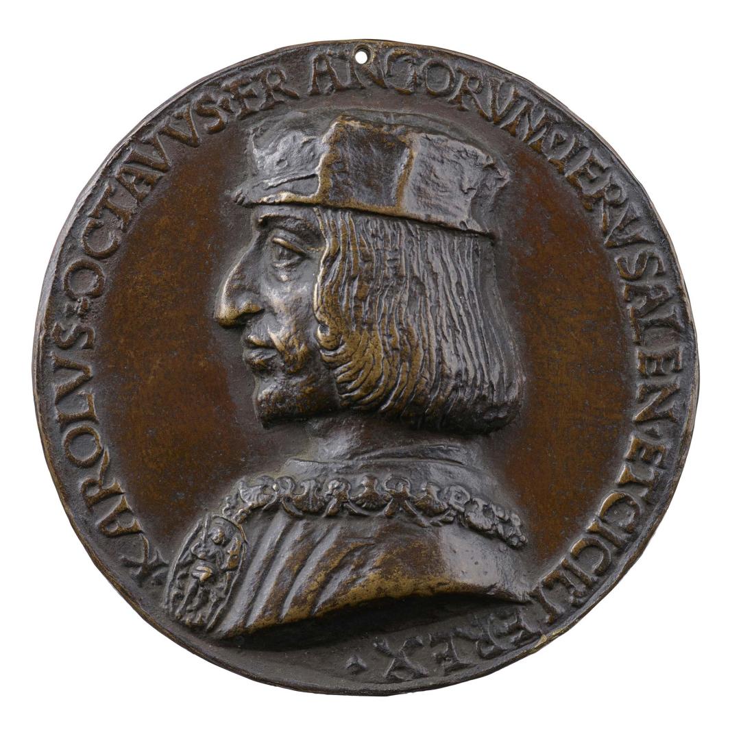 Bronze portrait medal of King Charles VIII of France in profile to the left, wearing a large medal on a thick chain around his neck