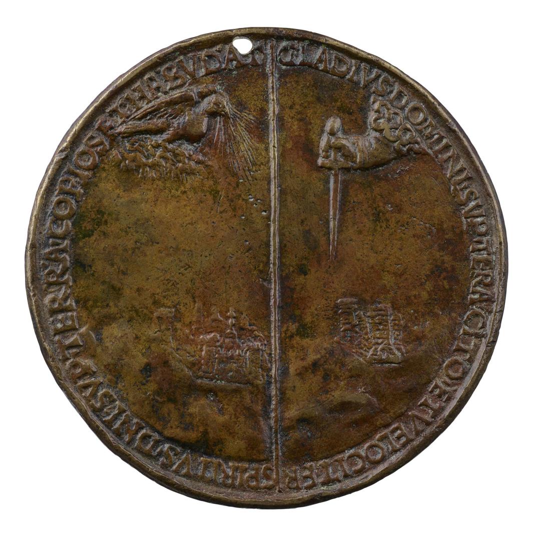 Bronze medal divided by a vertical line. On the left of the line, a dove resting on clouds looks over a small city. On the right a hand holding a dagger descends from the sky above some buildings