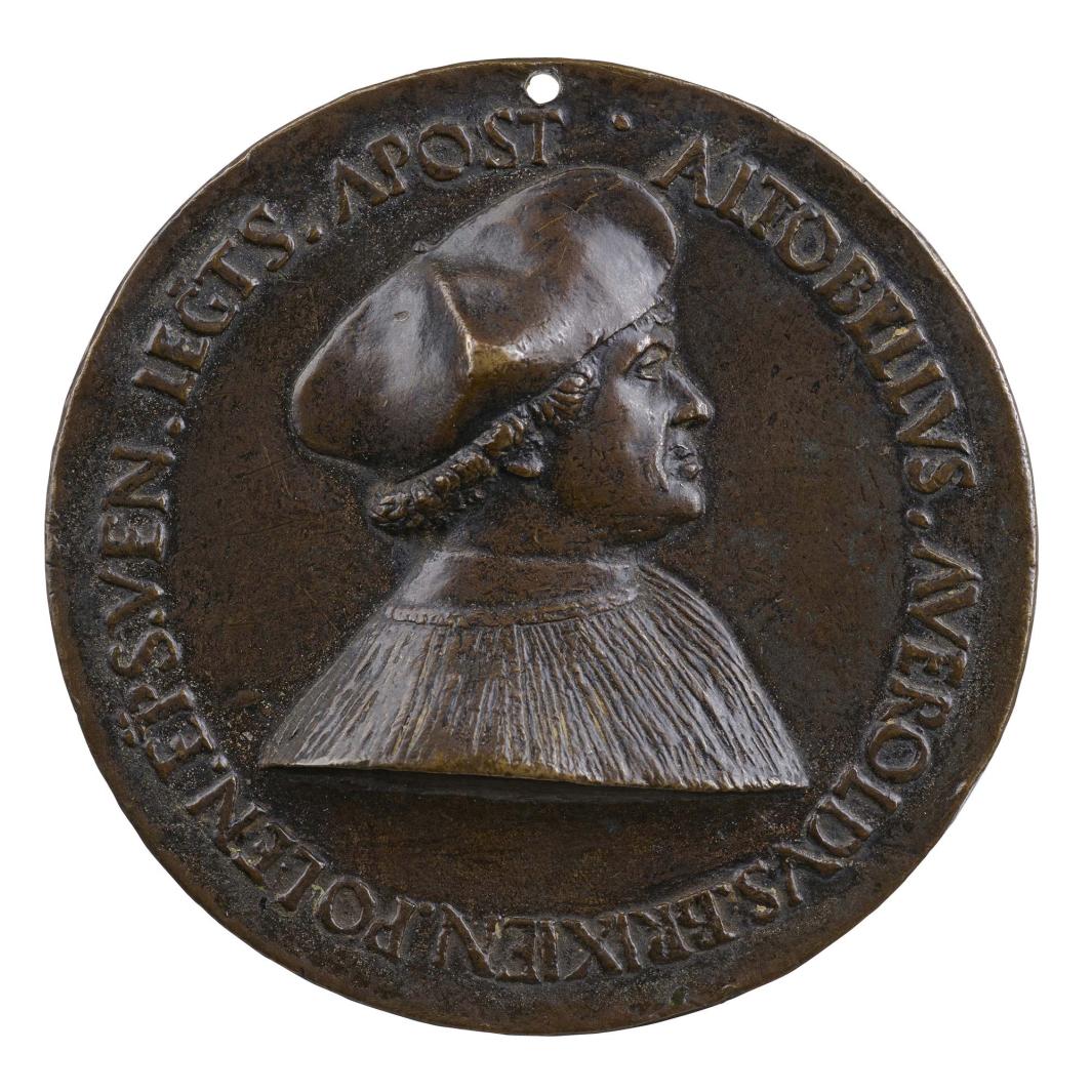 Bronze portrait medal of Altobello Averoldo wearing a hat, in profile to the right
