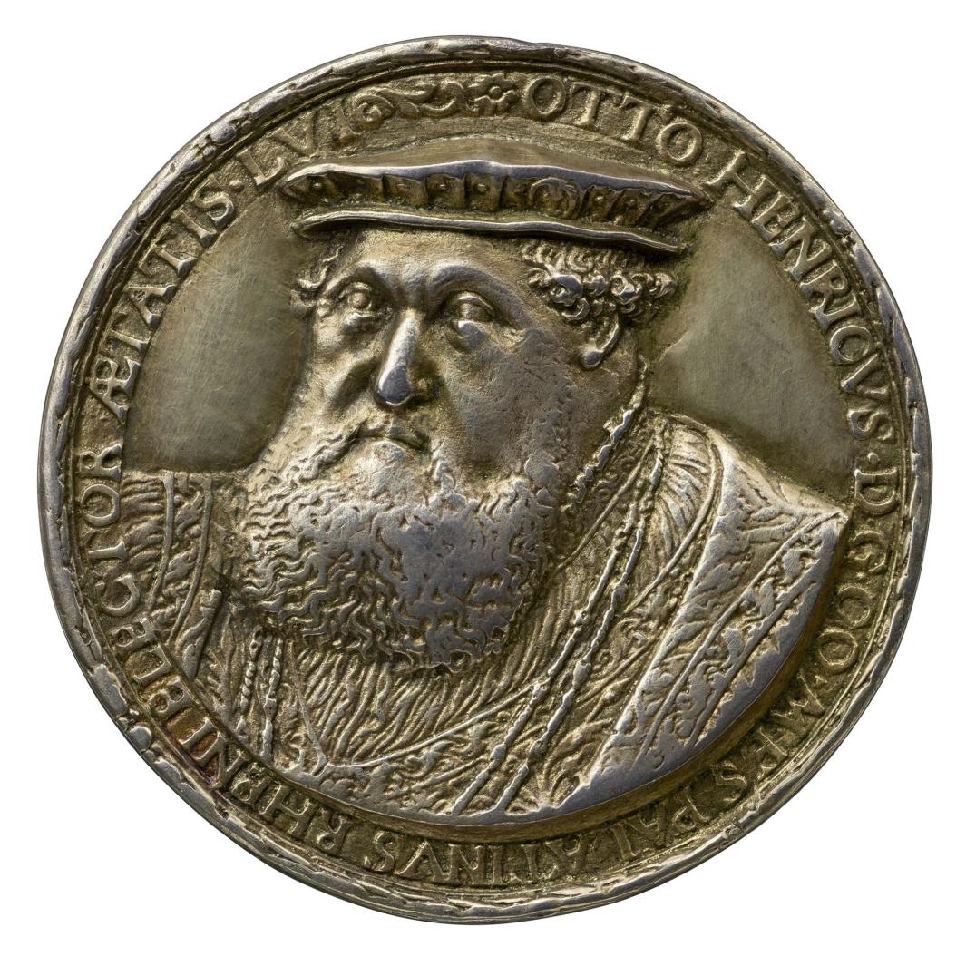 Silver portrait medal of Ottheinrich, Count of the Rhenish Palatinate, a large, heavy-set, man with a full beard, looking to the left and wearing a flat hat