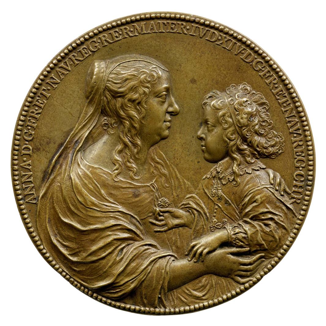 Bronze portrait medal of Antoine Coëffier, called Ruzé, Marquis d’Éffiat wearing a lace collar, armor, and the ribbon and cross of the Order of the Holy Spirit  
