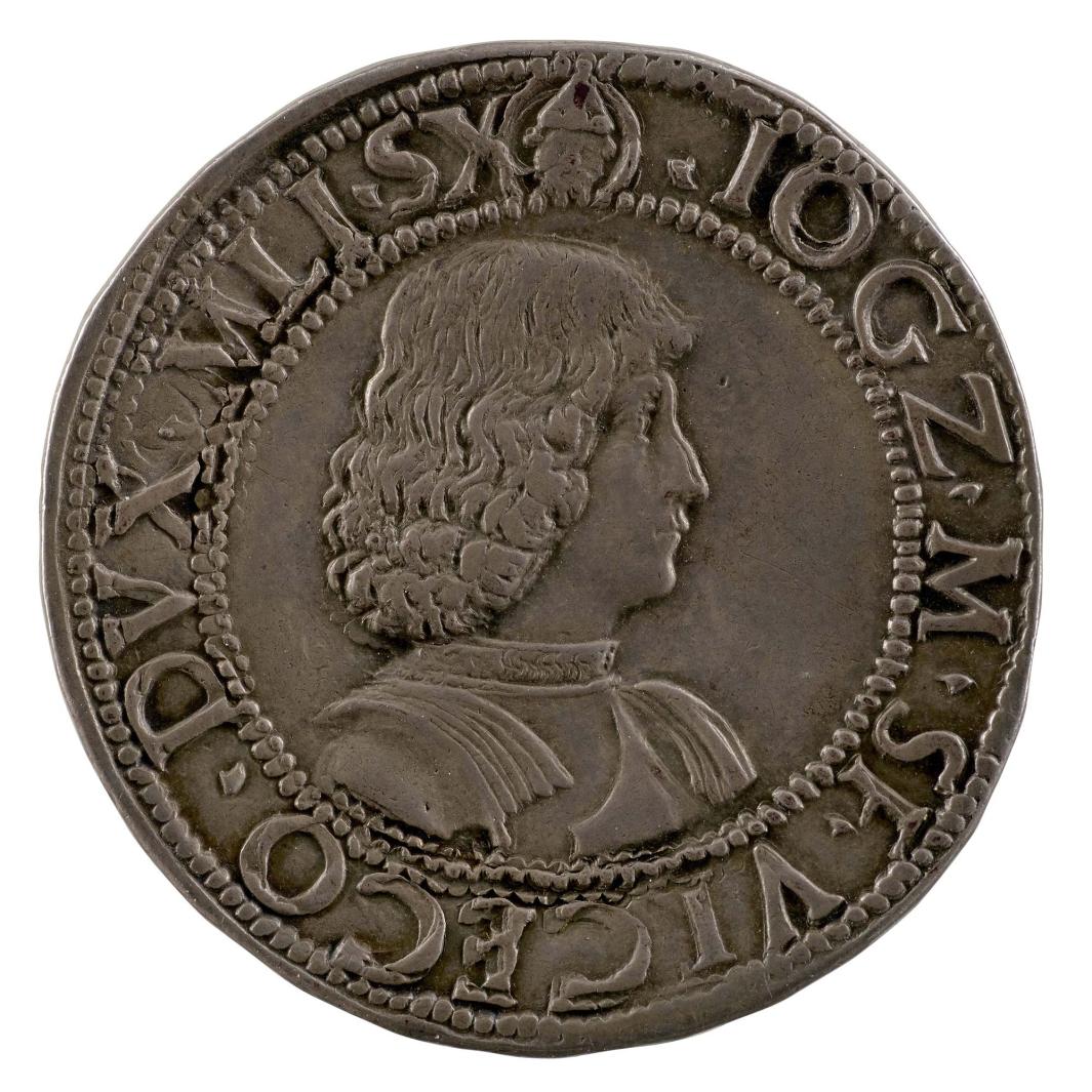 Silver coin with a portrait of Giovanni Galeazzo Maria in profile to the right